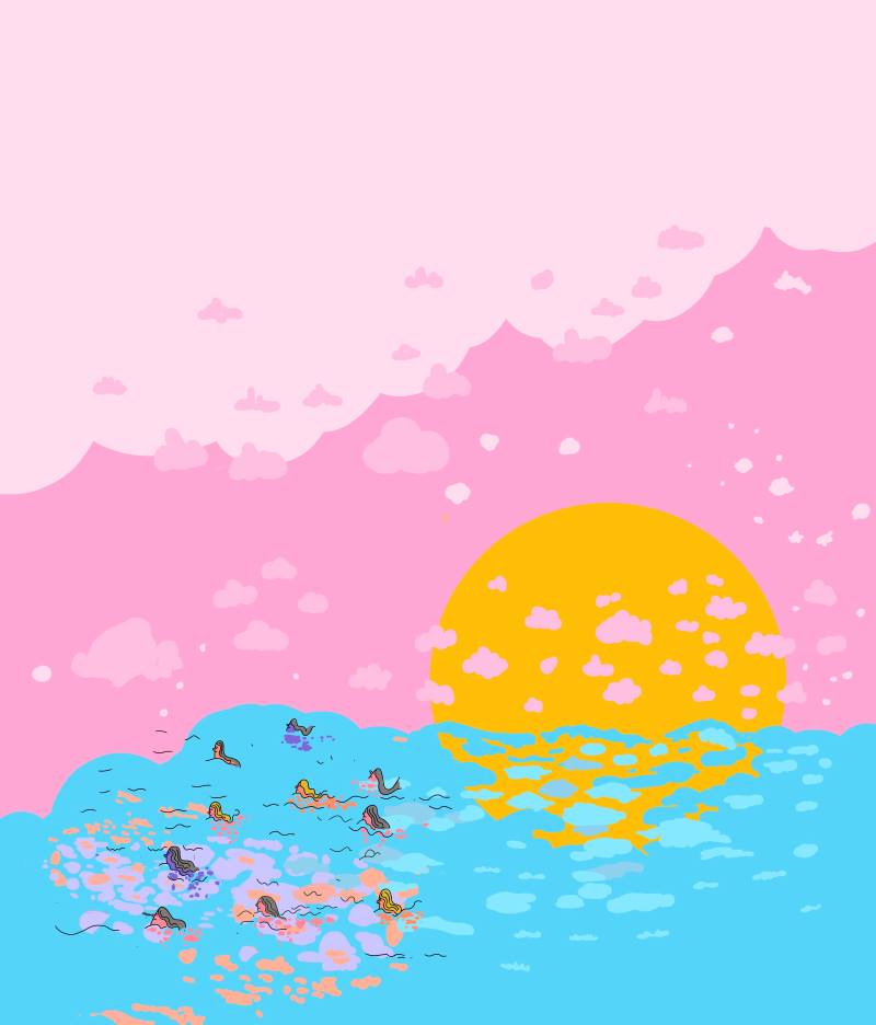 a small illustration, part of a grid display of many illustrations in the style of pantone impressionism which is monet waterlilies inspired using flat digital tones to create the impression as opposed to oil paints