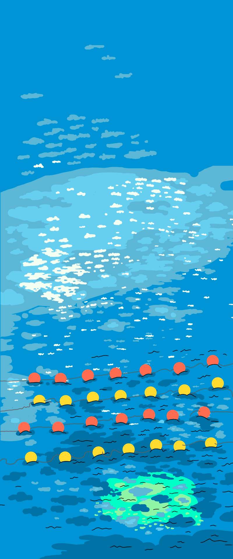 a small illustration, part of a grid display of many illustrations in the style of pantone impressionism which is monet waterlilies inspired using flat digital tones to create the impression as opposed to oil paints