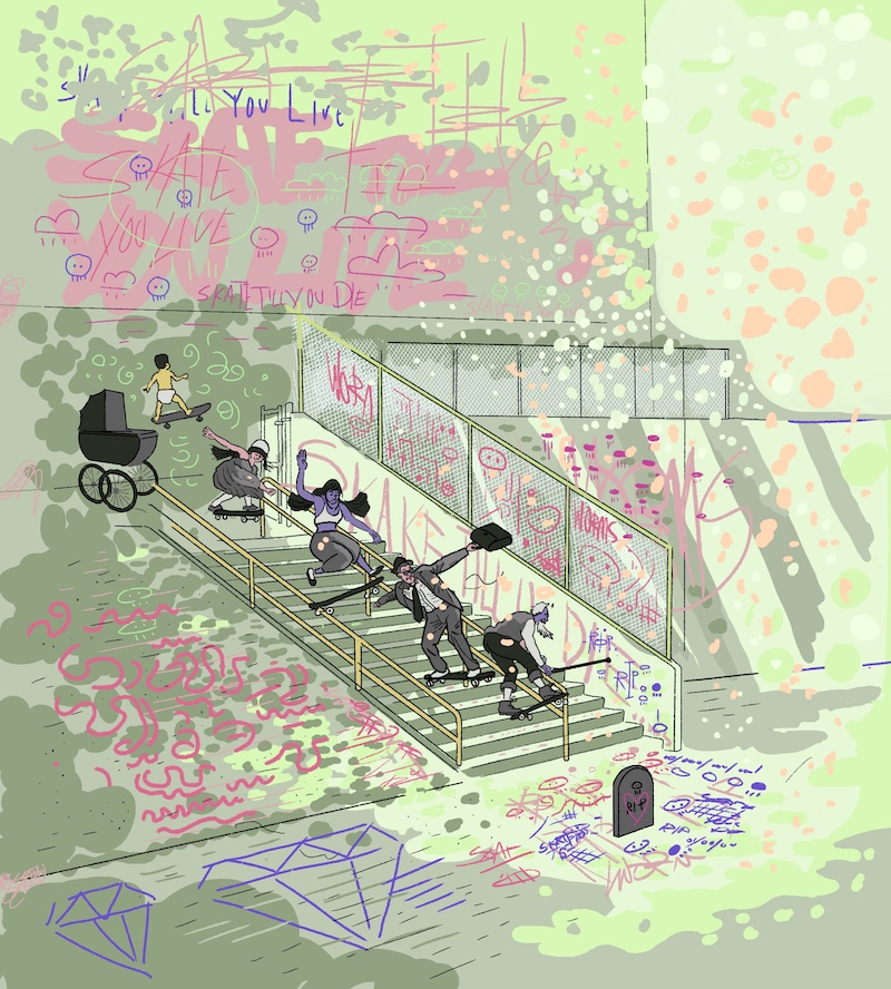 a small illustration, part of a grid display of many illustrations in the style of pantone impressionism which is monet waterlilies inspired using flat digital tones to create the impression as opposed to oil paints